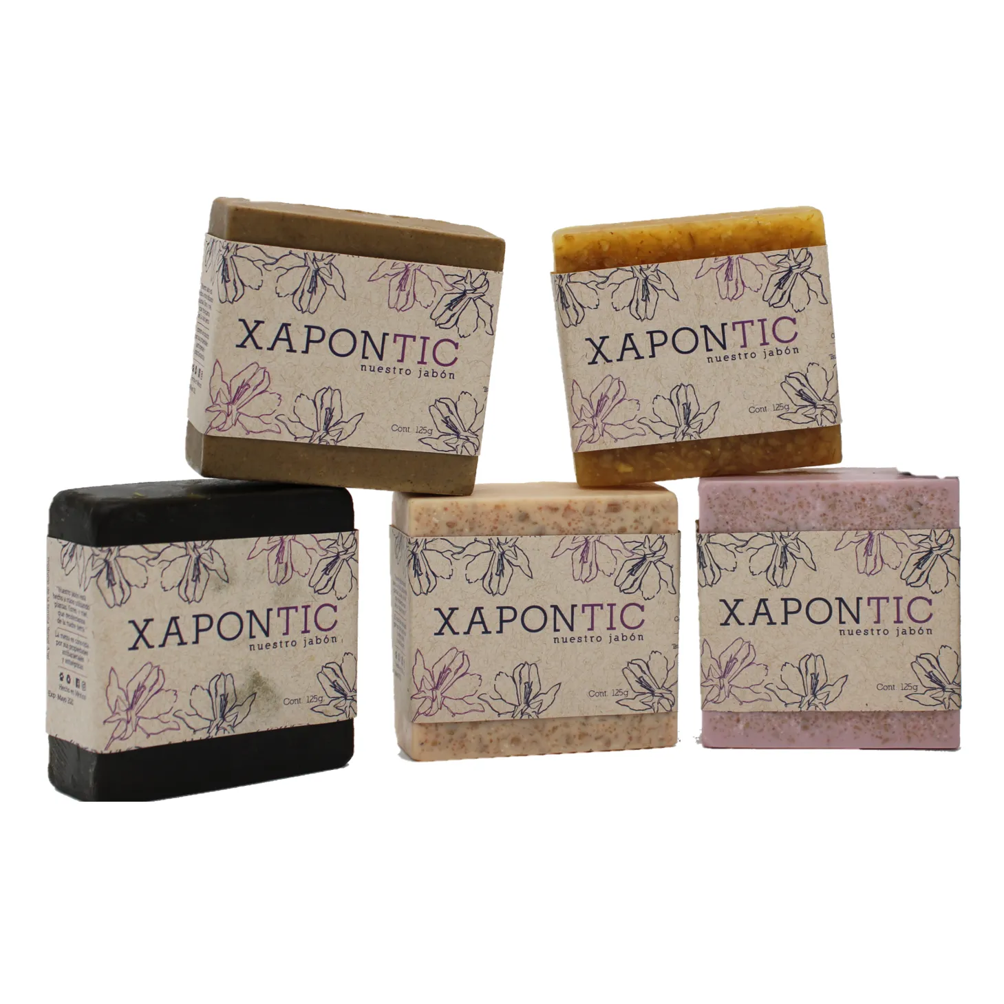 Set de 5 jabones Xapontic de 125 g. c/u Aromas: Miel-avena, lavanda, romero, coco-vainilla, café